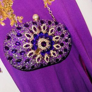 purple long train, gold stones, dress with, purple gold rhinestones bag